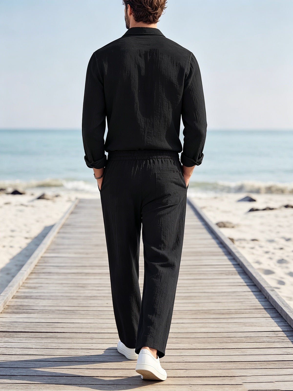 Back view of men's relaxed linen set