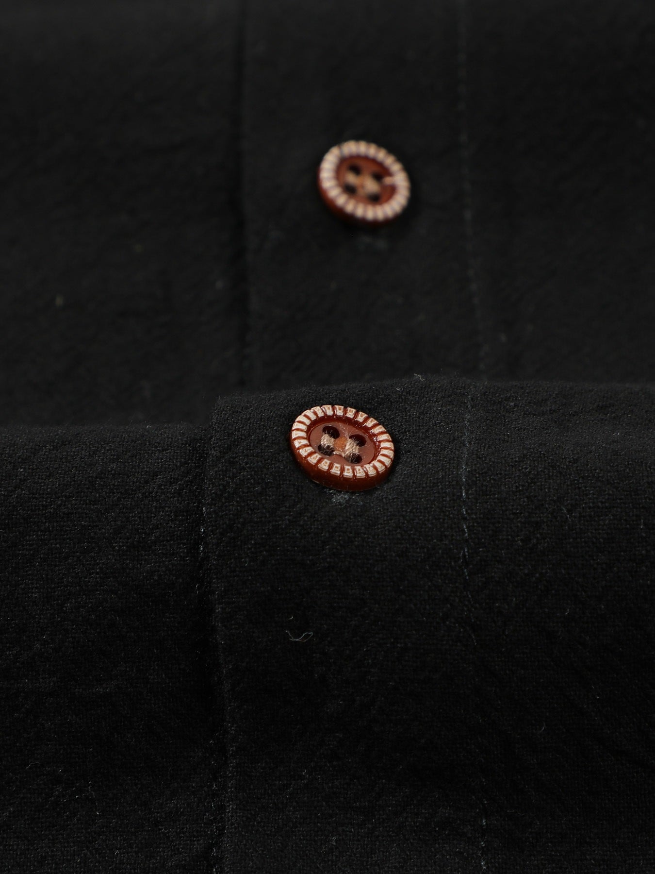 Decorative button detail on black linen shirt