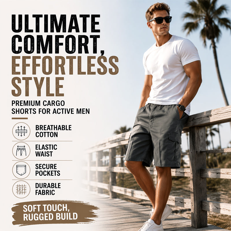 📢📢50% OFF !! ⏰Men's Cargo Shorts – Elastic Waist, Multi-Pocket, Durable 🍁