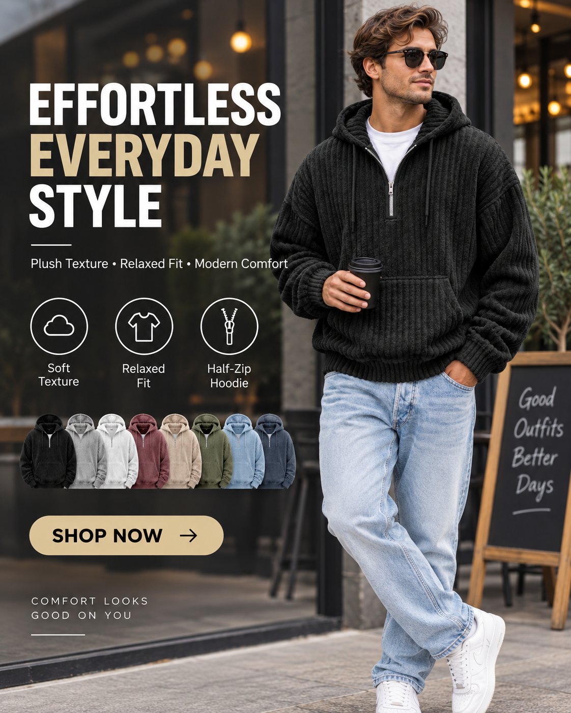 Men's Premium Textured Half-Zip Hoodie – Cozy Relaxed Fit Casual Pullover Sweatshirt