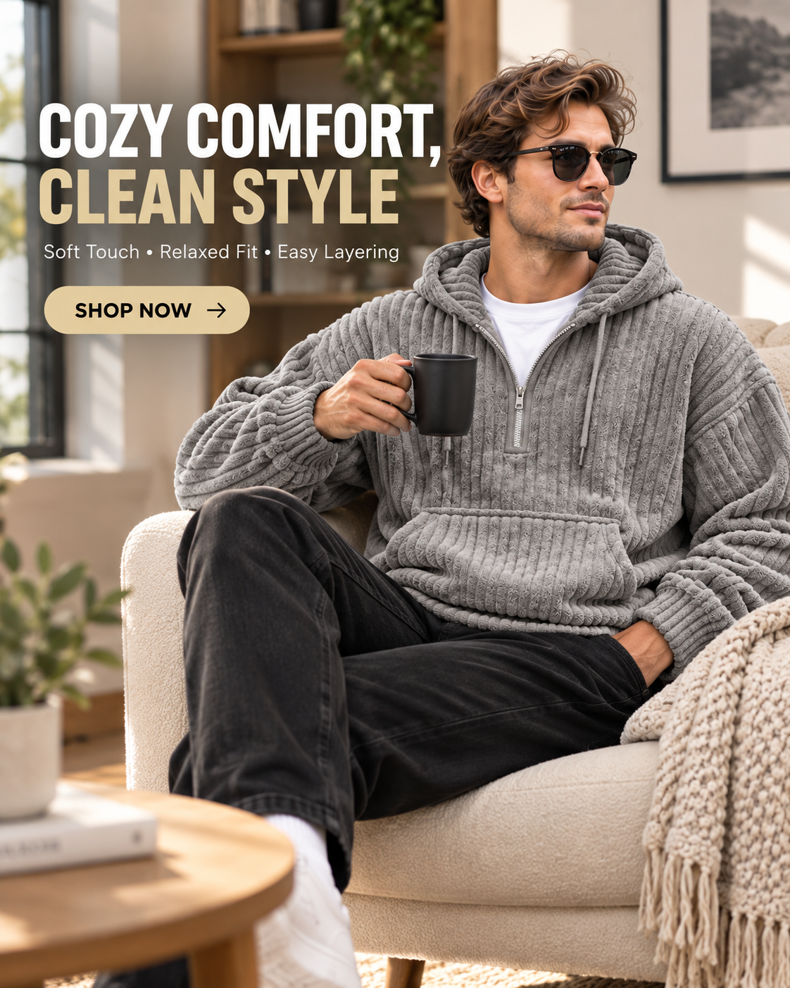Men's Premium Textured Half-Zip Hoodie – Cozy Relaxed Fit Casual Pullover Sweatshirt