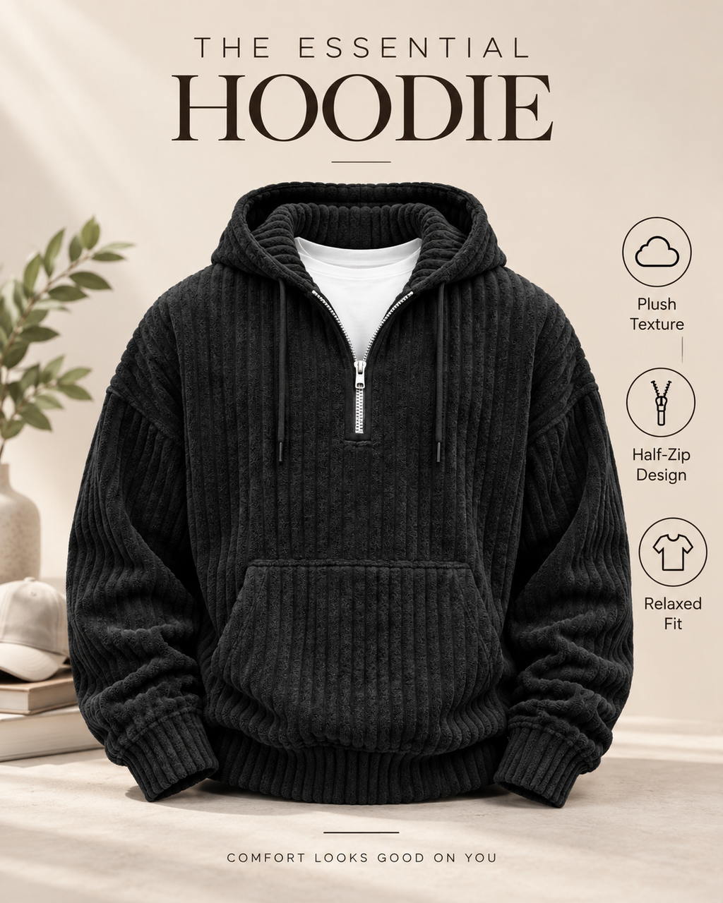 Men's Premium Textured Half-Zip Hoodie – Cozy Relaxed Fit Casual Pullover Sweatshirt