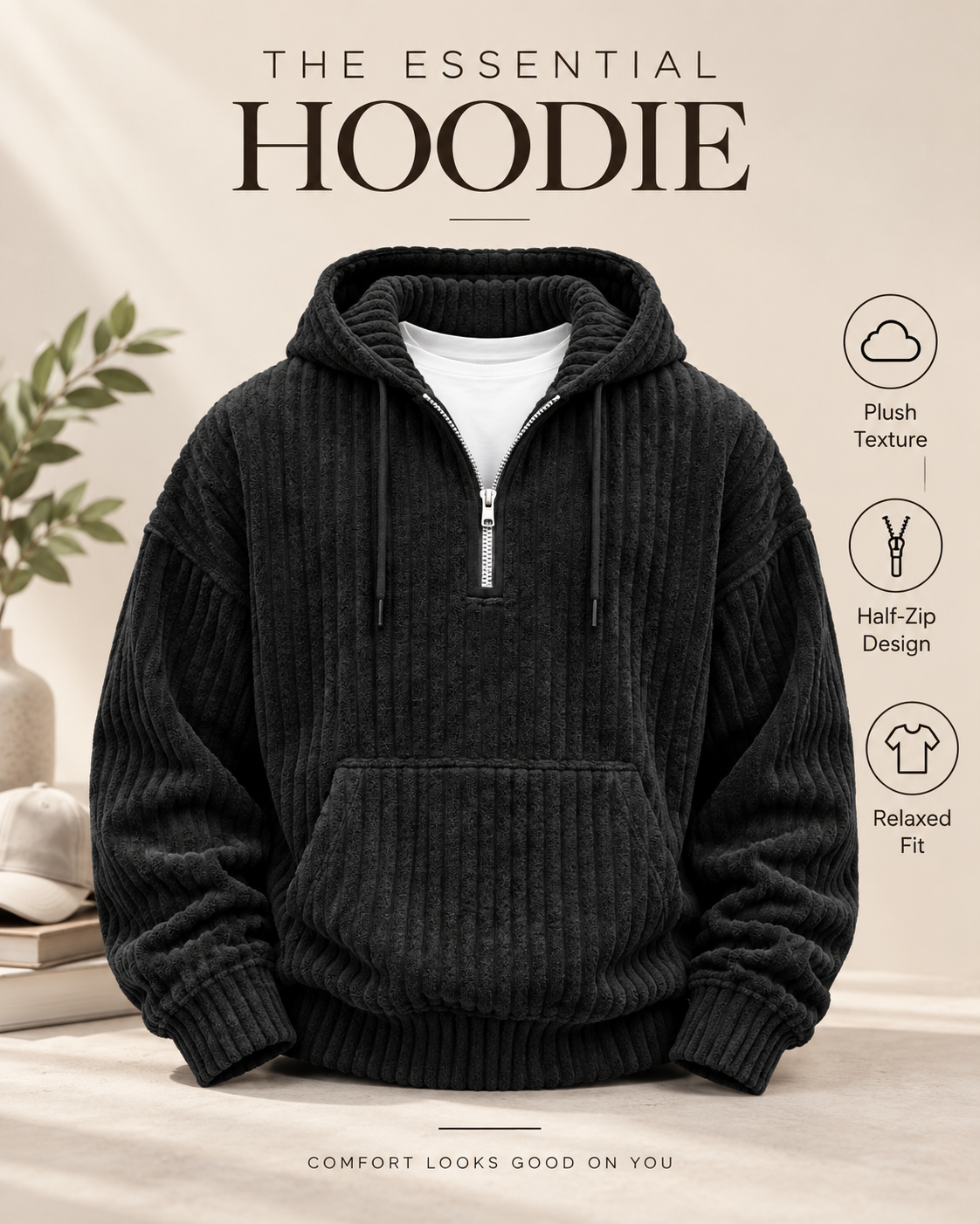 Men's Premium Textured Half-Zip Hoodie – Cozy Relaxed Fit Casual Pullover Sweatshirt
