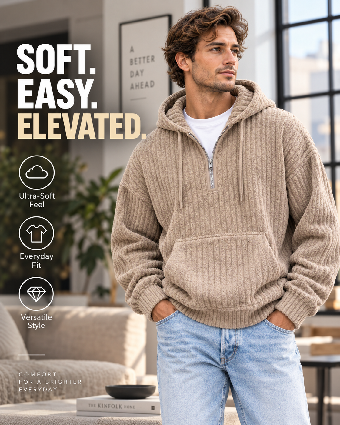 Men's Premium Textured Half-Zip Hoodie – Cozy Relaxed Fit Casual Pullover Sweatshirt