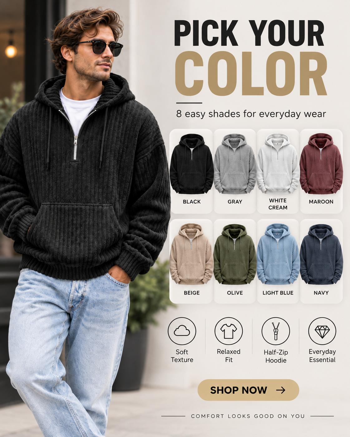 Men's Premium Textured Half-Zip Hoodie – Cozy Relaxed Fit Casual Pullover Sweatshirt