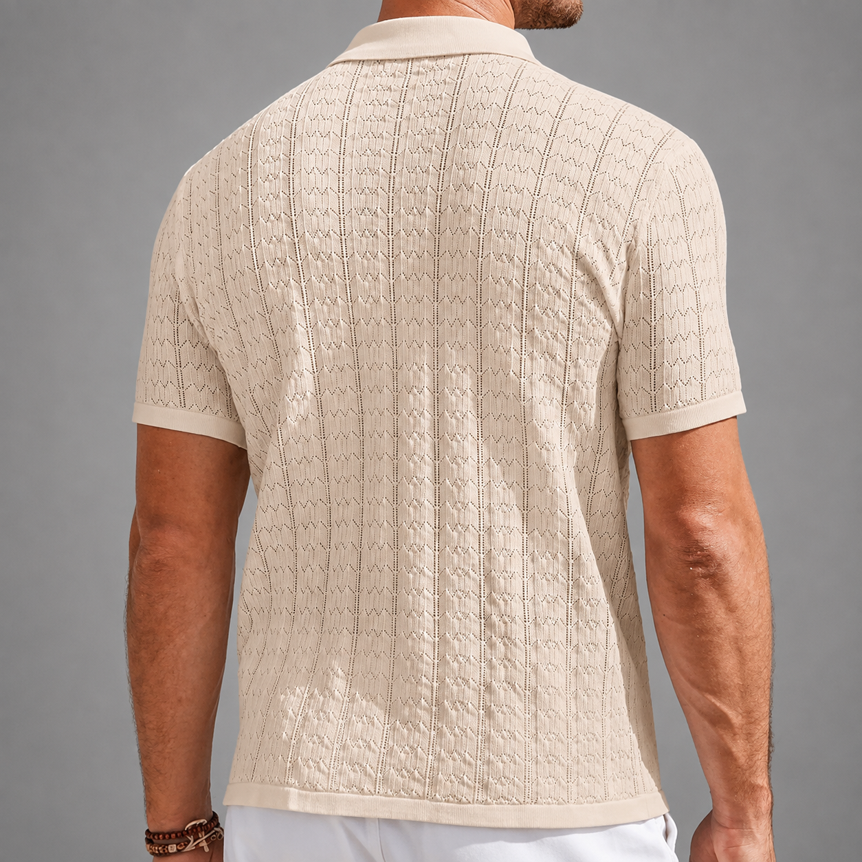 Back view of khaki textured knit polo