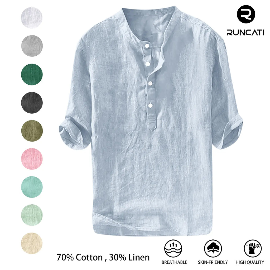 Men's Linen Shirt - Casual Cotton 3/4 Sleeve