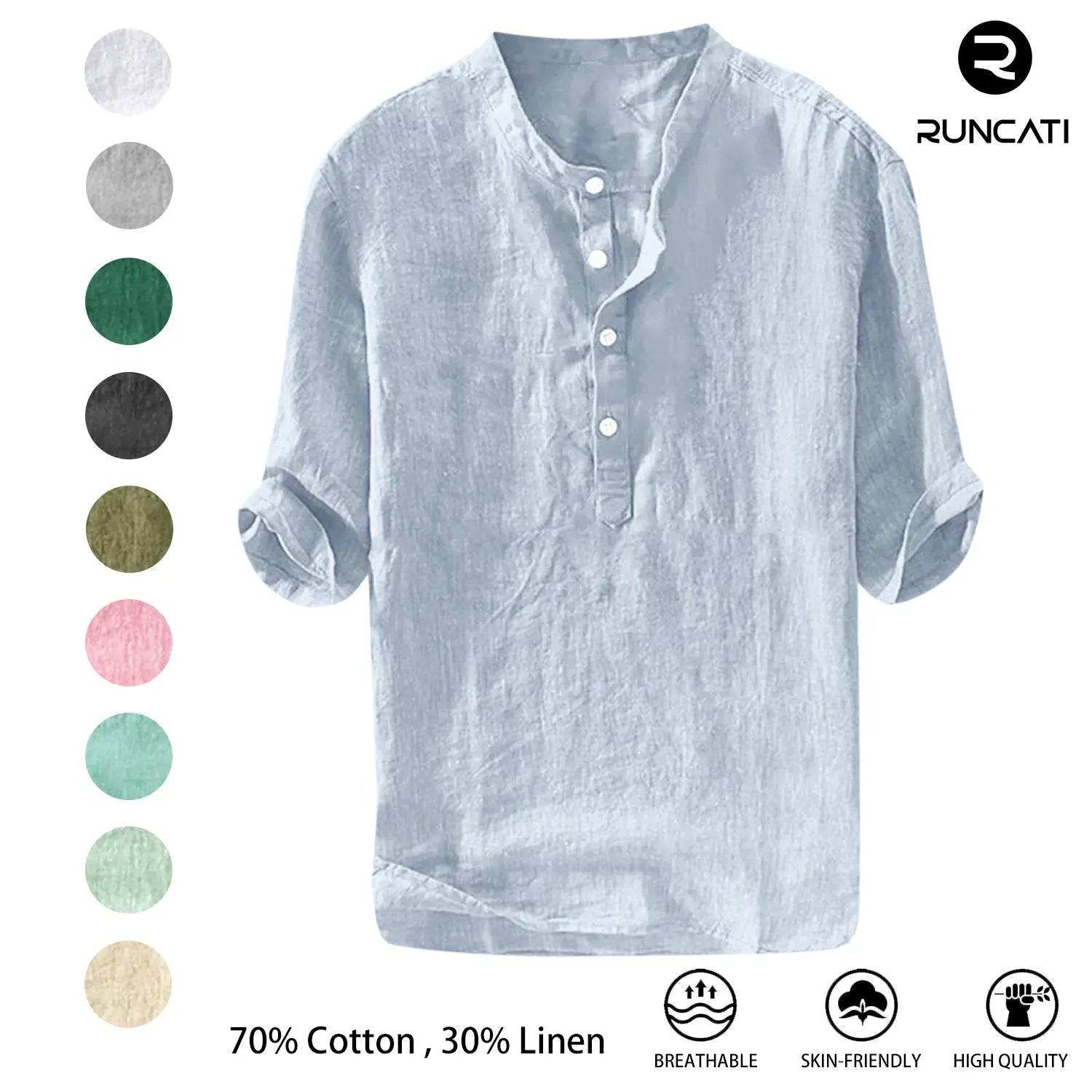 Men's Linen Shirt - Casual Cotton 3/4 Sleeve
