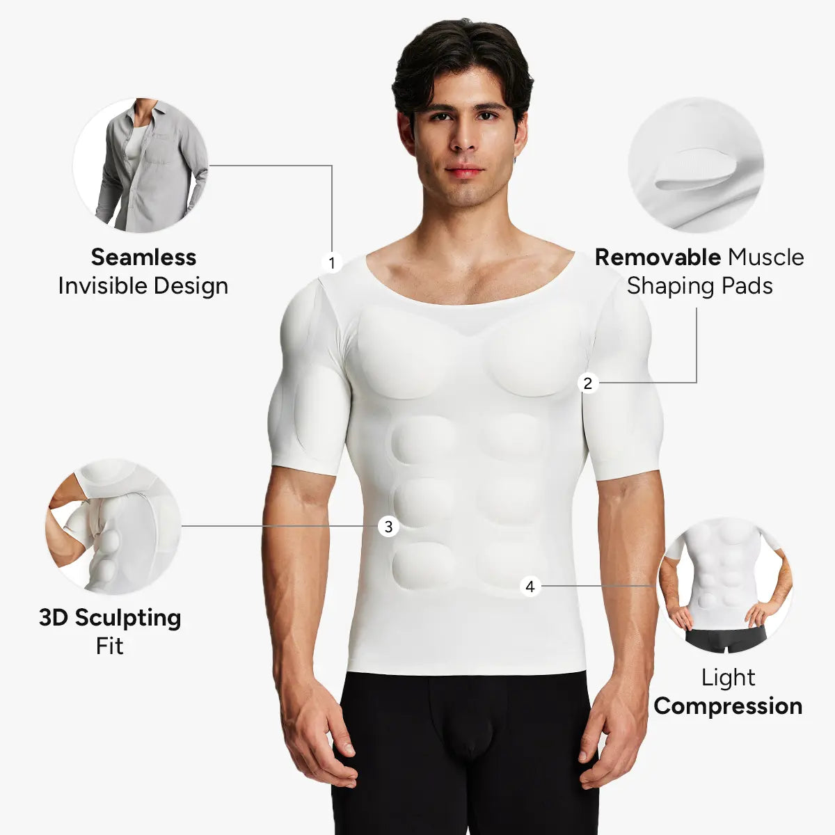 T-shirt sans coutures ajusté pour homme avec coussinets amovibles au niveau de la poitrine